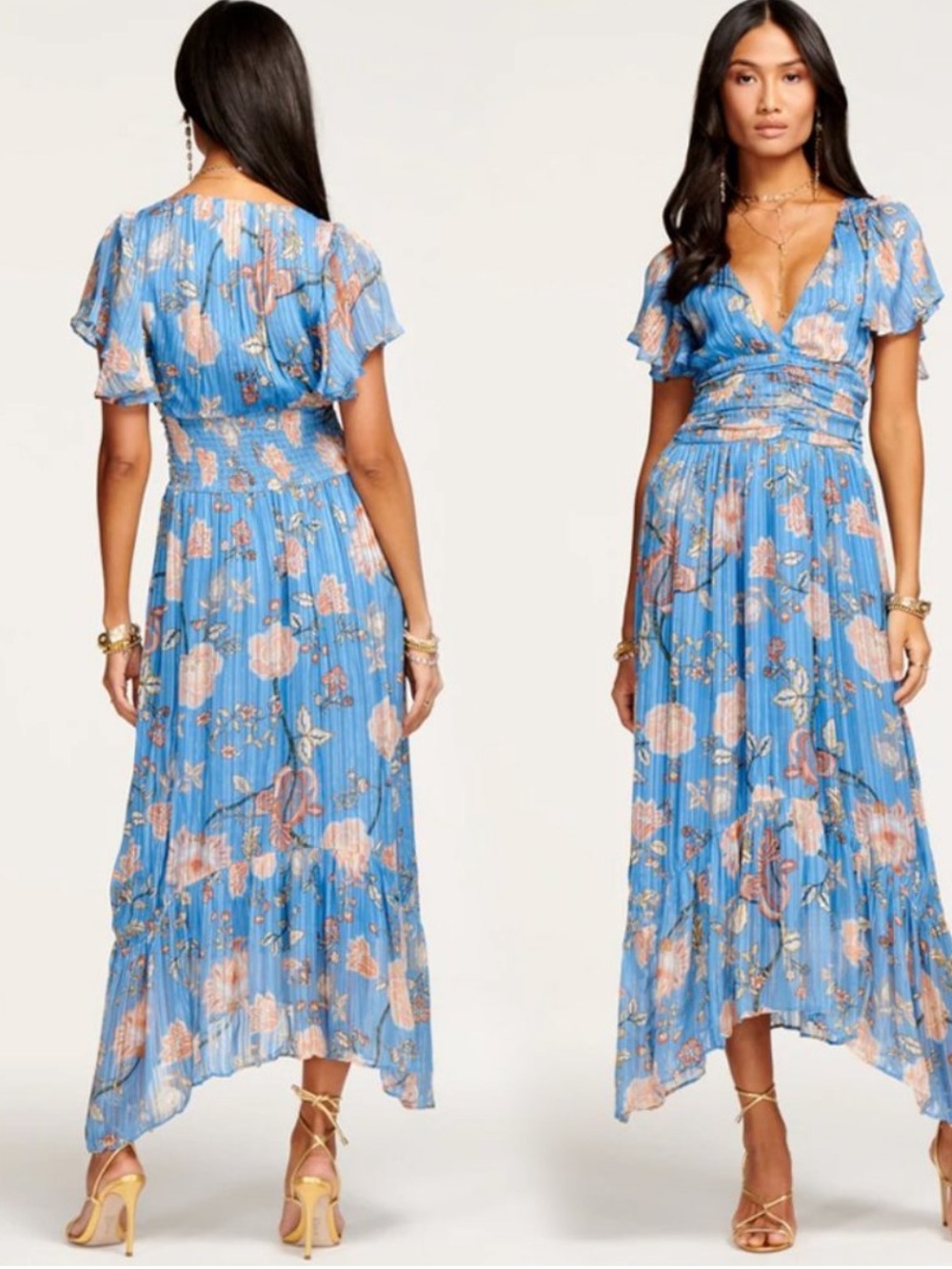 Ramy Brook Joan Blue Floral High-Low V-Neck Maxi Dress